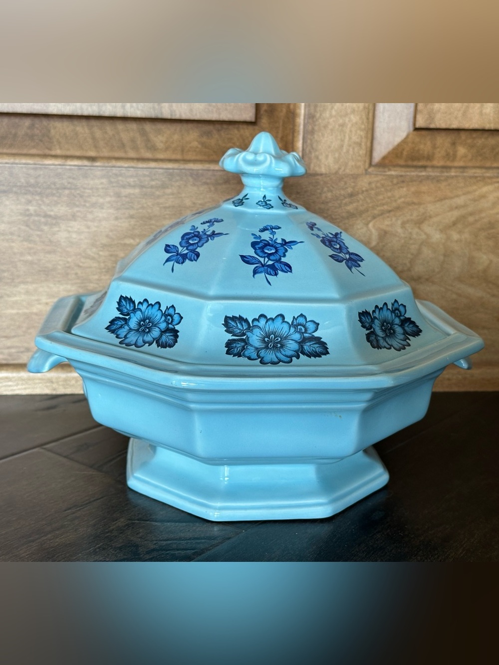 1974 Handmade Covered Serving Dish cobalt blue floral